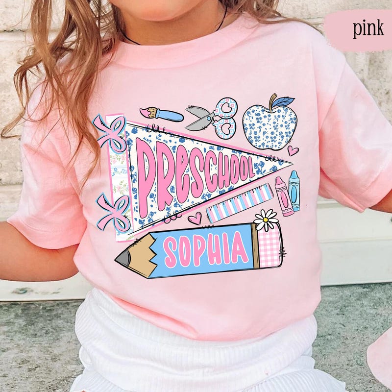 🍎Free Personalization🍎 Back to School Girl Shirt Personalized, Custom Name Flag Shirt, Coquette Girls First Day of Prek Kindergarten Shirt, Toddler School Outfit