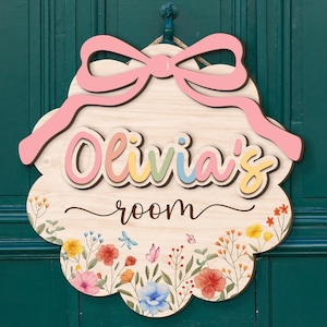 Personalized Floral Wooden Name Sign, Girls Room Door Sign, Coquette Kids Door Sign, Baby Girl Name Sign, Nursery Decor, Baby Shower Gifts