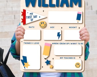 Custom Boys Back To School Board, First Day Of School Sign for Toddler, Custom Name Wooden Sign for Kid, Interchangeable Dry Erase Sign