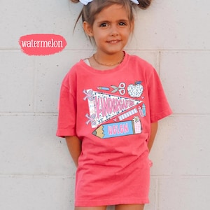 First Day of Kindergarten Shirt for Kids, Back To School Shirt for Girls, Kindergarten Girl Outfit, Custom Name Flag Shirt, Pennant Shirt image 13