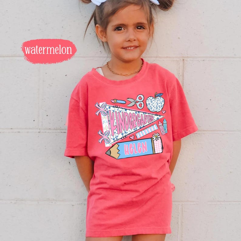 First Day of Kindergarten Shirt for Kids, Back To School Shirt for Girls, Kindergarten Girl Outfit, Custom Name Flag Shirt, Pennant Shirt image 13
