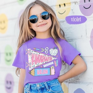 First Day of Kindergarten Shirt for Kids, Back To School Shirt for Girls, Kindergarten Girl Outfit, Custom Name Flag Shirt, Pennant Shirt image 2