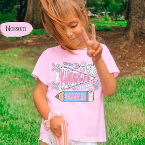 First Day of Kindergarten Shirt for Kids, Back To School Shirt for Girls, Kindergarten Girl Outfit, Custom Name Flag Shirt, Pennant Shirt image 8