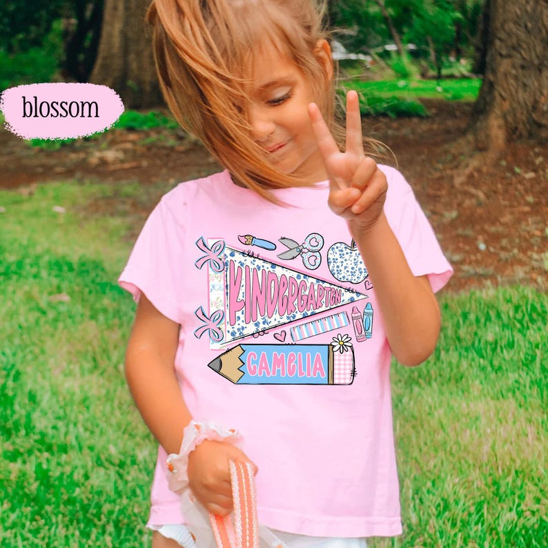 First Day of Kindergarten Shirt for Kids, Back To School Shirt for Girls, Kindergarten Girl Outfit, Custom Name Flag Shirt, Pennant Shirt image 8