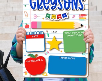 Custom Boy Back To School Sign, Last Day Of School Sign for Kid, Interchangeable Name Board for 1st Day, Toddler School Photo Props