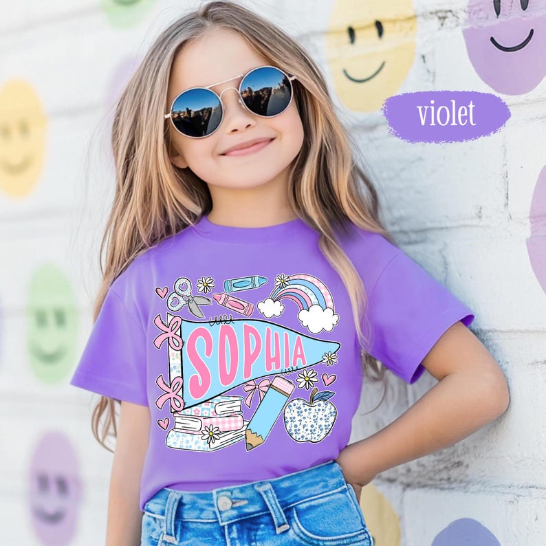 Pennant Name School Shirt for Kids, Cute Back To School Girls Shirt, Girls School Shirt, First Day Of School Tee, Toddler First Day Tee image 2