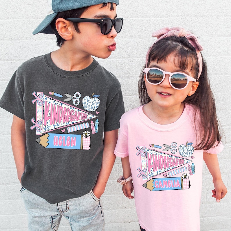 First Day of Kindergarten Shirt for Kids, Back To School Shirt for Girls, Kindergarten Girl Outfit, Custom Name Flag Shirt, Pennant Shirt image 9