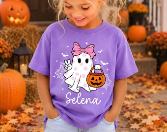 Personalized Halloween Girl Ghost Shirt, Custom Kids Name Halloween Tee, Pink Ghost Toddler Shirt, Coquette Bow Spooky Tee, Boo Girls Shirt
