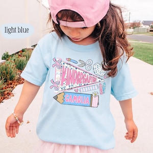 First Day of Kindergarten Shirt for Kids, Back To School Shirt for Girls, Kindergarten Girl Outfit, Custom Name Flag Shirt, Pennant Shirt image 7