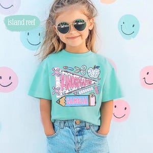 First Day of Kindergarten Shirt for Kids, Back To School Shirt for Girls, Kindergarten Girl Outfit, Custom Name Flag Shirt, Pennant Shirt image 5