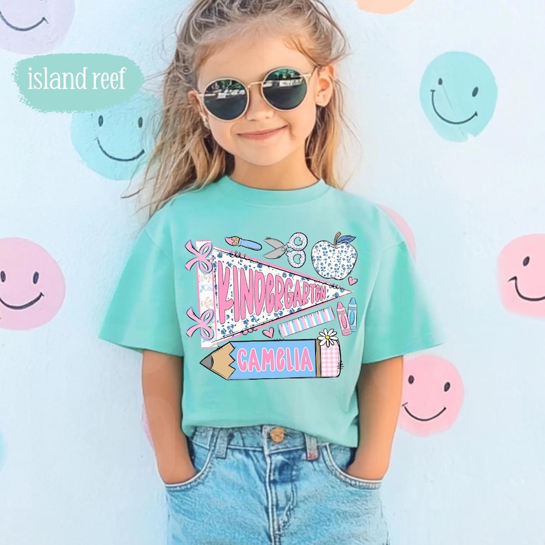 First Day of Kindergarten Shirt for Kids, Back To School Shirt for Girls, Kindergarten Girl Outfit, Custom Name Flag Shirt, Pennant Shirt image 5