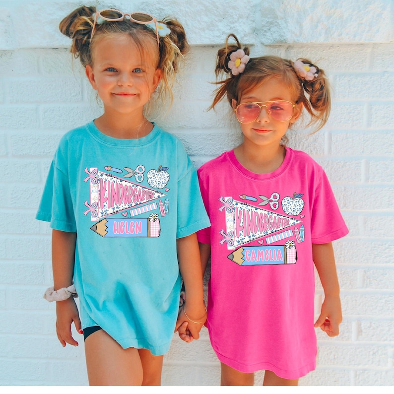 First Day of Kindergarten Shirt for Kids, Back To School Shirt for Girls, Kindergarten Girl Outfit, Custom Name Flag Shirt, Pennant Shirt image 12