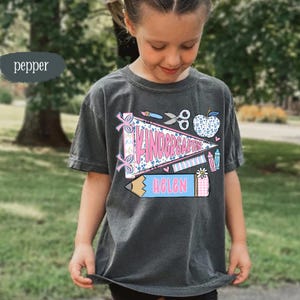 First Day of Kindergarten Shirt for Kids, Back To School Shirt for Girls, Kindergarten Girl Outfit, Custom Name Flag Shirt, Pennant Shirt image 3