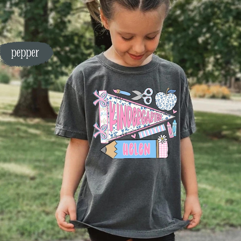 First Day of Kindergarten Shirt for Kids, Back To School Shirt for Girls, Kindergarten Girl Outfit, Custom Name Flag Shirt, Pennant Shirt image 3