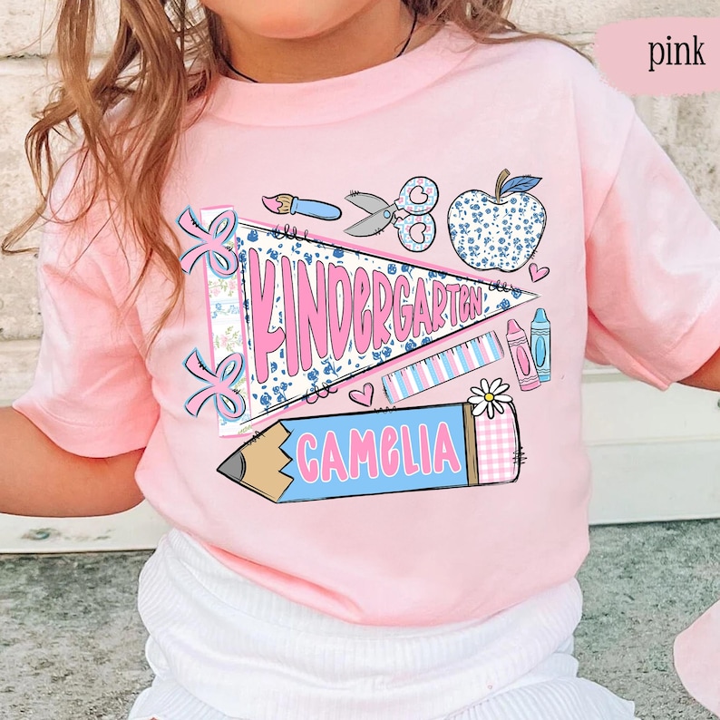 First Day of Kindergarten Shirt for Kids, Back To School Shirt for Girls, Kindergarten Girl Outfit, Custom Name Flag Shirt, Pennant Shirt image 1