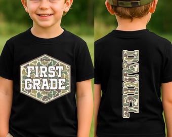 Old Camo Back to School Boys Shirt, Custom Name School Shirt, Pre K Kindergarten Boy Outfit for 1st Day of School, Toddler School Tee
