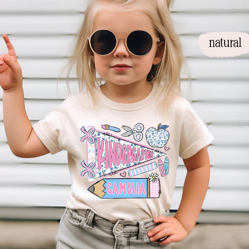 First Day of Kindergarten Shirt for Kids, Back To School Shirt for Girls, Kindergarten Girl Outfit, Custom Name Flag Shirt, Pennant Shirt image 6