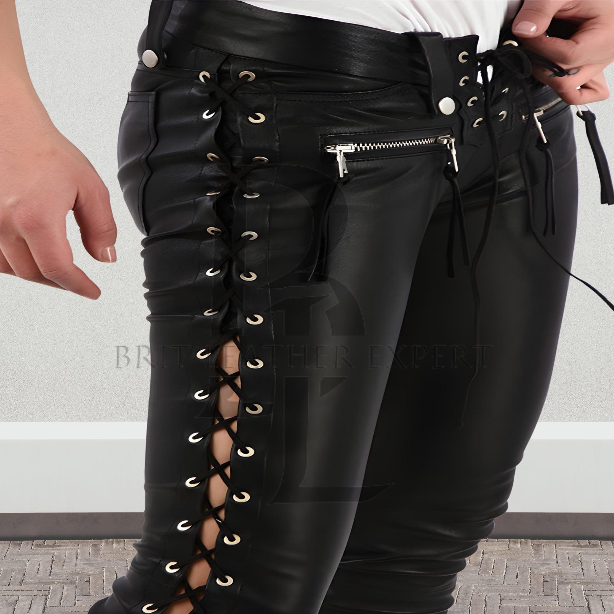 Lace up black leather pants outlet