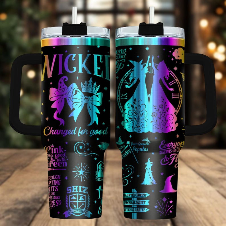 Wicked Musical 40oz Tumbler, Engraved Stainless Tumbler With Handle, Theater Coffee Cup Gift For Her, Magic Drinkware For Travel, Holid
