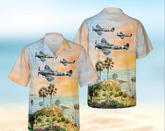 WWII Fighter Plane Hawaiian Shirt, Vintage Warbird Button Up, Spitfire Aircraft Beach Shirt, Military Airplane Summer Gift for Men