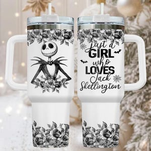 Jack Skellington 40oz Tumbler, Engraved Stainless Tumbler With Handle, Spooky Coffee Cup Gift For Her, Halloween Drinkware, Christmas G