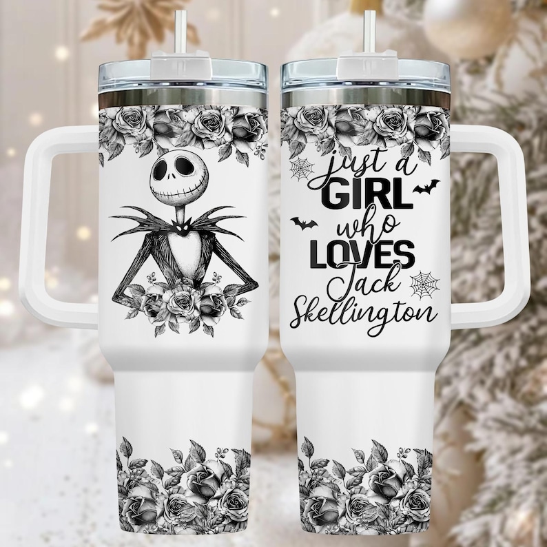 Jack Skellington 40oz Tumbler, Engraved Stainless Tumbler With Handle, Spooky Coffee Cup Gift For Her, Halloween Drinkware, Christmas G