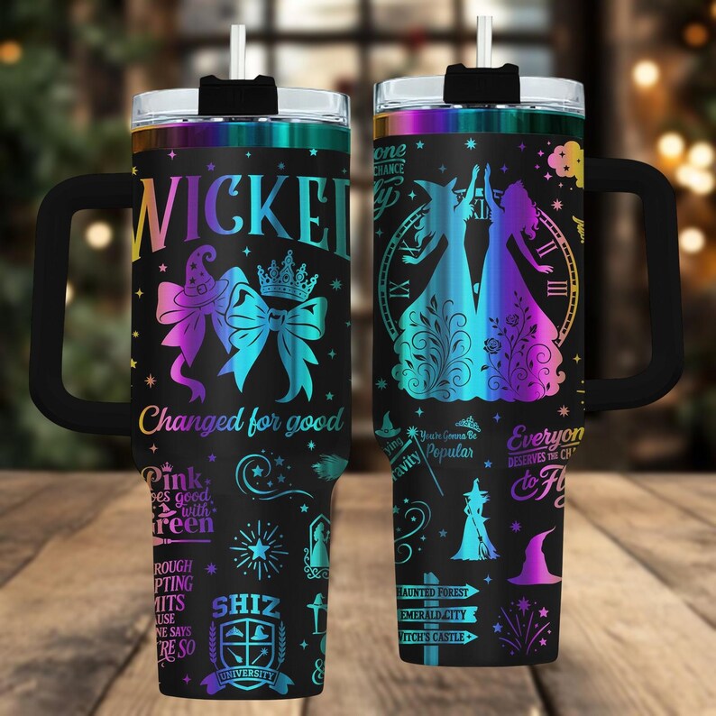 Wicked Musical 40oz Tumbler, Engraved Stainless Tumbler With Handle, Theater Coffee Cup Gift For Her, Magic Drinkware For Travel, Holid