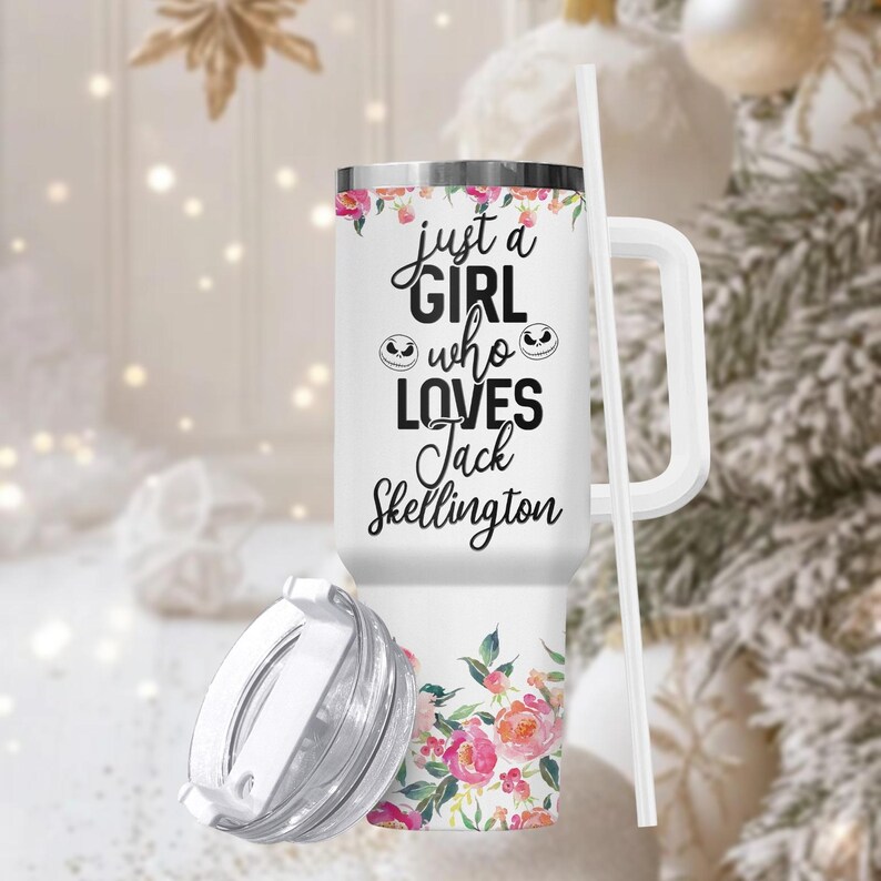 Nightmare Before Christmas 40oz Tumbler, Floral Stainless Tumbler With Handle, Holiday Drinkware Gift For Her, Custom Christmas Cup