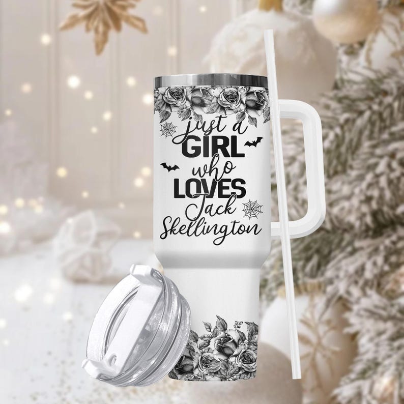 Jack Skellington 40oz Tumbler, Engraved Stainless Tumbler With Handle, Spooky Coffee Cup Gift For Her, Halloween Drinkware, Christmas G