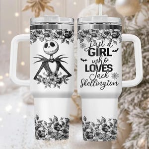 Jack Skellington 40oz Tumbler, Engraved Stainless Tumbler With Handle, Spooky Coffee Cup Gift For Her, Halloween Drinkware, Christmas G