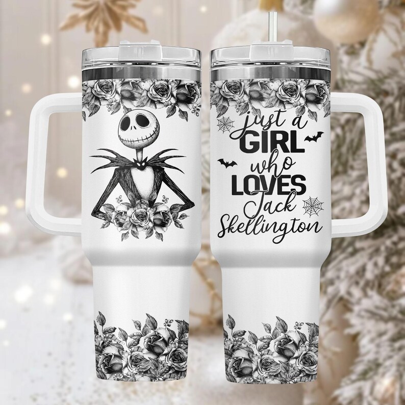Jack Skellington 40oz Tumbler, Engraved Stainless Tumbler With Handle, Spooky Coffee Cup Gift For Her, Halloween Drinkware, Christmas G