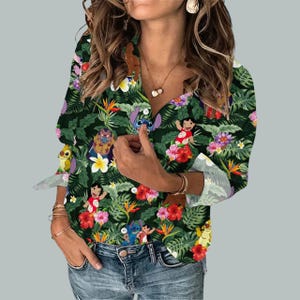 Camicia in lino con Lilo e Stitch, camicia da donna con stampa tropicale Disney, camicia hawaiana con cartoni animati, maglietta estiva floreale, top Ohana Vacation