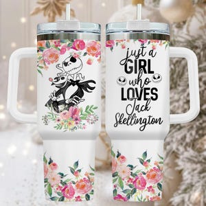 Nightmare Before Christmas 40oz Tumbler, Floral Stainless Tumbler With Handle, Holiday Drinkware Gift For Her, Custom Christmas Cup