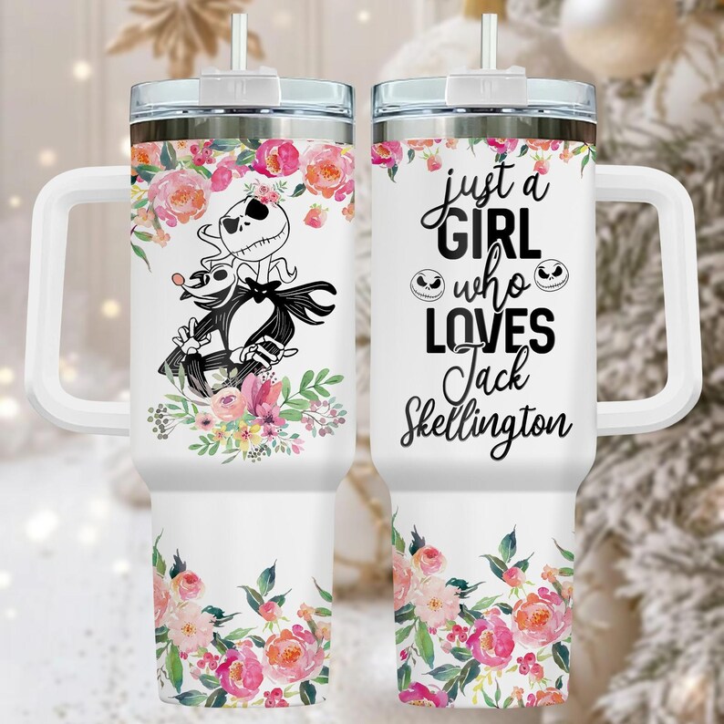 Nightmare Before Christmas 40oz Tumbler, Floral Stainless Tumbler With Handle, Holiday Drinkware Gift For Her, Custom Christmas Cup