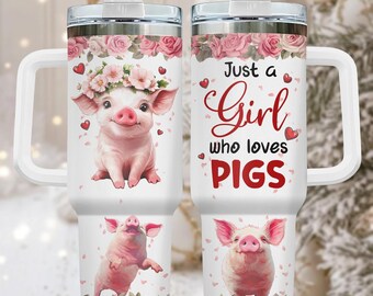 Pig Lover 40oz Tumbler, Floral Stainless Tumbler With Handle, Cute Coffee Cup Gift For Her, Animal Drinkware For Travel, Birthday Gift