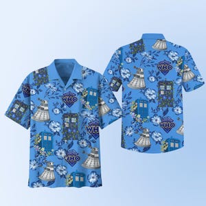 Camicia hawaiana di Doctor Who, camicia Aloha del Tardis, camicia per fan di fantascienza, camicia della cabina di polizia di Dr. Who, camicia estiva unisex, camicia della serie TV, maglietta Geek Bea