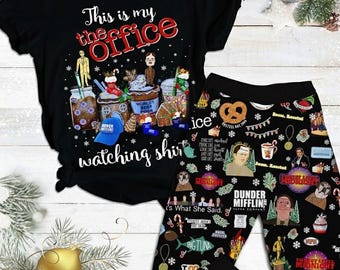 Office Themed Christmas Pajama Set, Satin Short Sleeve Holiday Sleepwear, TV Show Gift For Fans, Fun Nightwear Gift for Her
