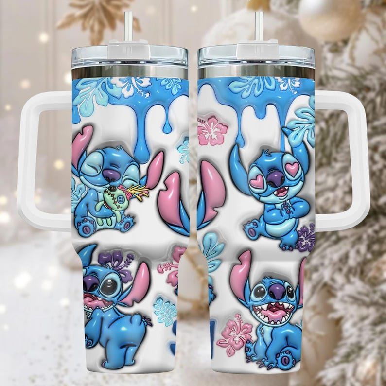Stitch Character 40oz Tumbler, Stainless Tumbler With Handle, Fun Coffee Cup Gift For Her, Holiday Drinkware For Travel, Christmas Gift