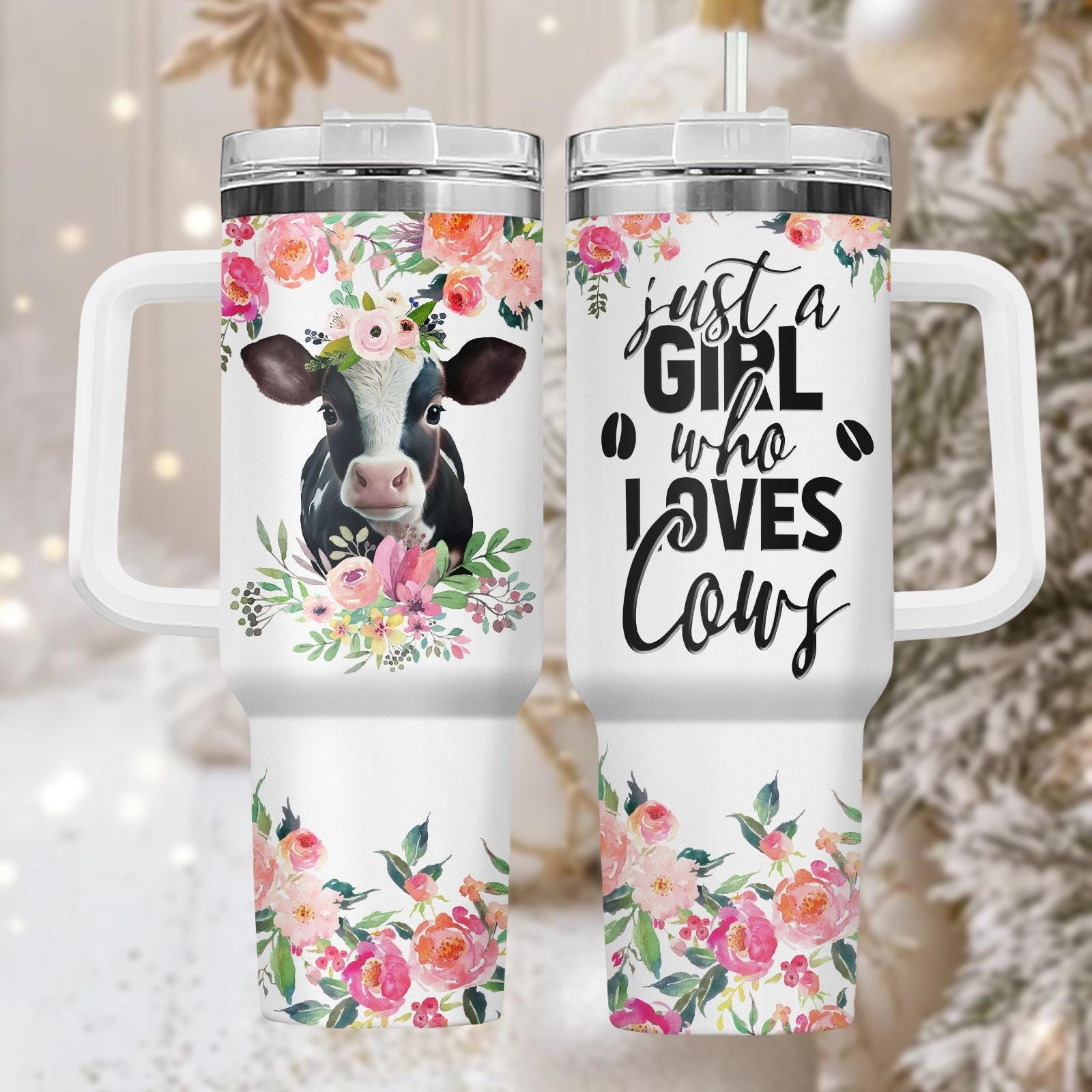 Discover Country Cow 40oz Tumbler, Floral Stainless Tumbler With Handle, Farmhouse Coffee Cup Gift For Her, Rustic Drinkware For Travel