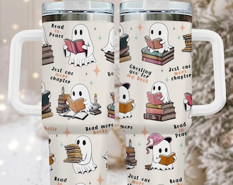 Ghost Reading 40oz Tumbler, Engraved Stainless Tumbler With Handle, Halloween Drinkware Gift For Her, Christmas Reading Cup, Book Lover