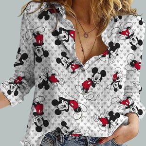 Retro Mickey Mouse linnen overhemd, vintage Disney blouse damesoverhemd, Magic Kingdom overhemd, Mickey zomeroverhemd, Disneyland Trip top