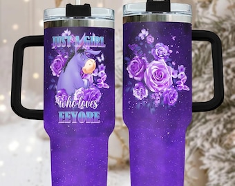 Eeyore 40oz Tumbler, Purple Stainless Tumbler With Handle, Cute Coffee Cup Gift For Her, Disney Drinkware For Travel, Birthday Gift
