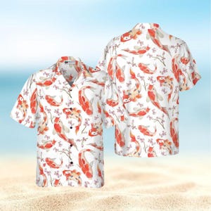 Koi Fish Hawaiian Shirt, Tropical Aloha Button Up Shirt, Summer Vacation Men&#39;s Casual Beach Shirt, Japanese Style Fish Print