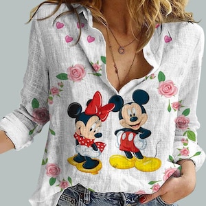 Mickey en Minnie linnen overhemd, Disney bloemenblouse damesoverhemd, Disney koppeloverhemd, Minnie zomertop, Magic Kingdom T-shirt