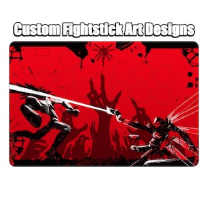May include: A graphic for Custom Fightstick Art Designs. The design shows a battle scene with two figures against a red backdrop. The figures are black and white, with a beam of light between them. The text "Custom Fightstick Art Designs" is at the top.