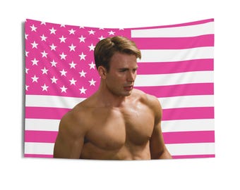 Chris Evans Shirtless Tapestries, Captain America Pink Flag, Chris Evans - Captain America Indoor Wall Tapestries