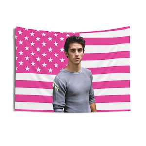 Puede incluir: Un tapiz con un hombre con una camisa gris de manga larga sobre un fondo de una bandera estadounidense rosa y blanca. El diseño de la bandera incluye estrellas blancas sobre un campo rosa y rayas rosas y blancas. El hombre mira directamente al espectador.