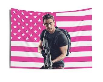 Tobias &quot;Four&quot; Eaton Tapestries, Theo James Pink Flag, Theo James as Four Indoor Wall Tapestries