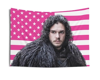Jon Snow Messy Hair Tapestries, Jon Snow Pink Flag, Kit Harington as Jon Snow Indoor Wall Tapestries
