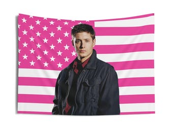 Dean Winchester Navy Cotton Jacket Tapestries, Jensen Ackles Pink Flag, Jensen Ackles as Dean Winchester Indoor Wall Tapestries